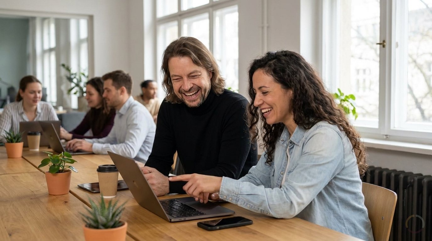 KI-generiert: Maik Marx lacht mit einer Gründerin im Coworking