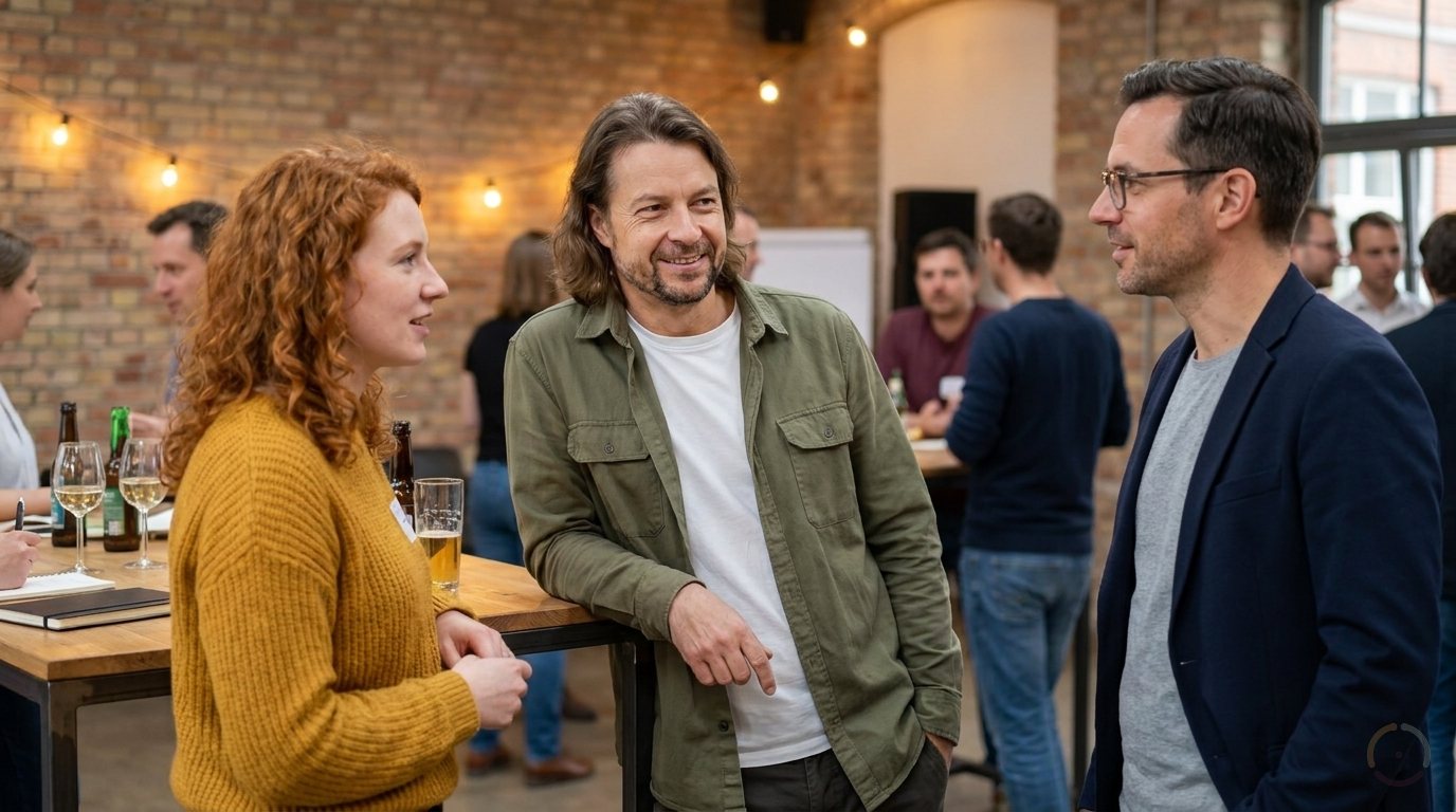 KI-generiert: Maik Marx im Gespräch an einem Stehtisch beim Abendtreffen