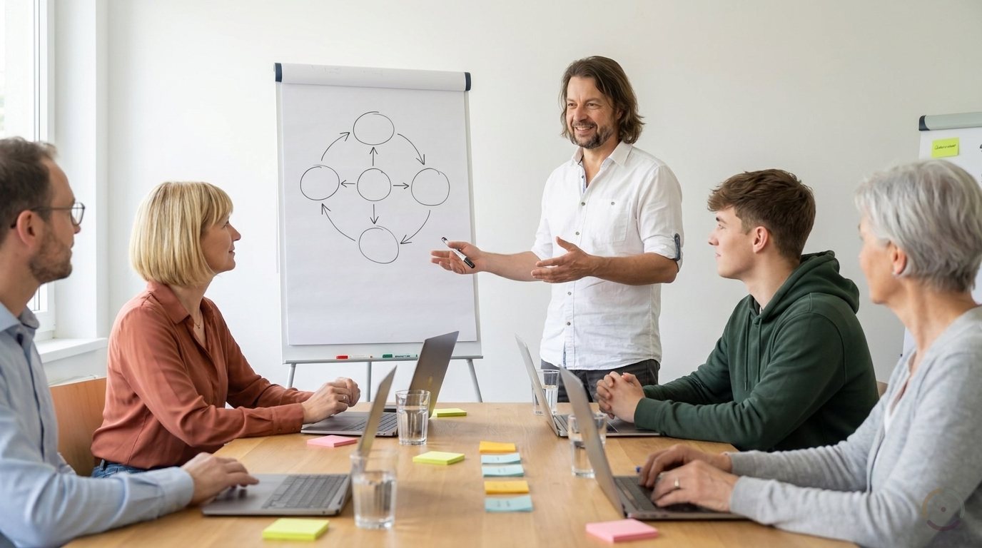 KI-generiert: Workshop am Flipchart