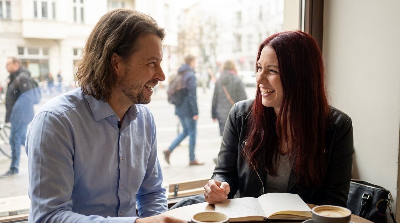 KI-generiert: Maik Marx im Gespräch an einem Cafétisch