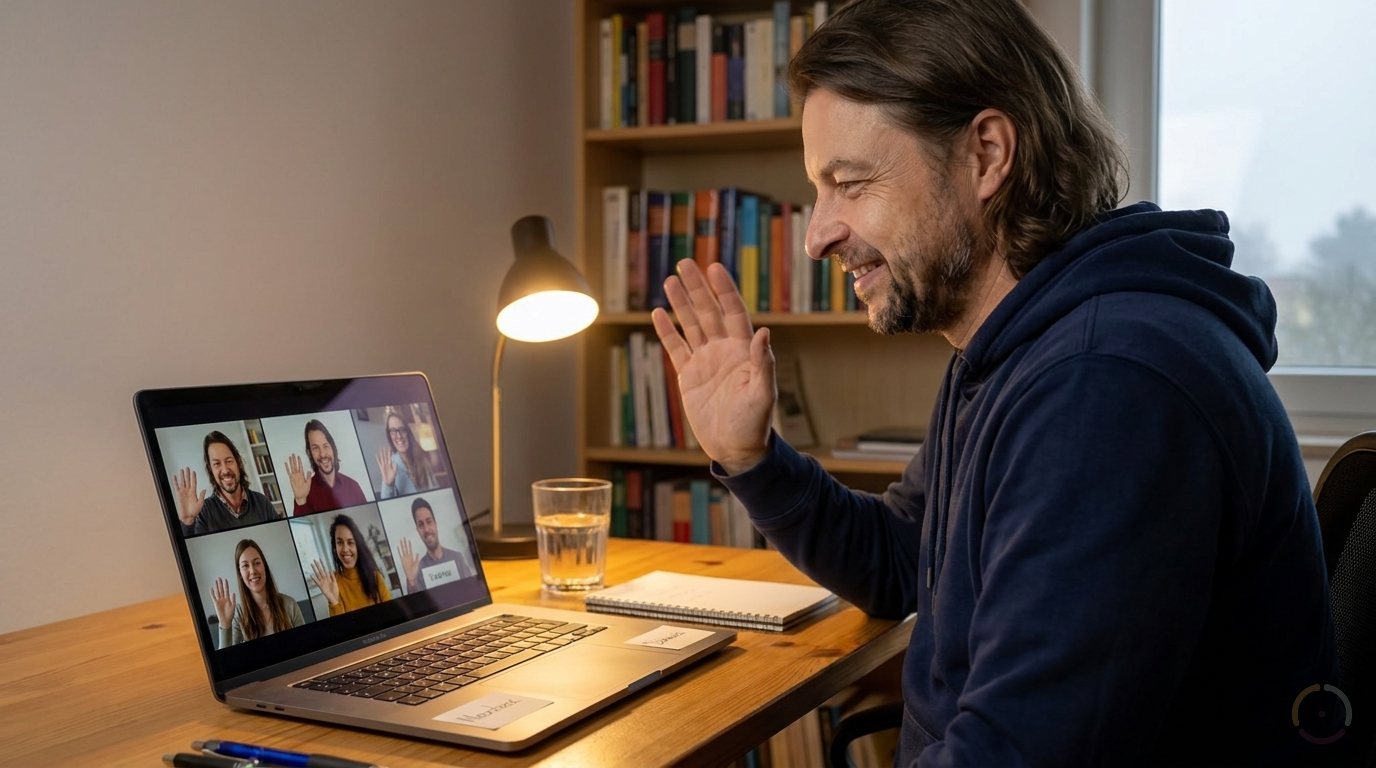 KI-generiert: Ein Mann mit langen Haaren winkt lachend in eine Videorunde auf seinem Laptop, in den kleinen Fenstern winken Teilnehmende zurück.
