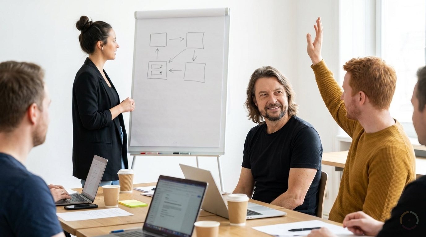 KI-generiert: Am Besprechungstisch sitzen Teilnehmende mit Laptops und Kaffeebechern, eine Frau erklärt am Flipchart ein Diagramm und ein Mann hebt die Hand.