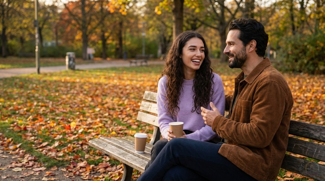 KI-generiert: Eine junge Frau mit langen Locken und fliederfarbenem Pullover und ein Mann mit Bart und brauner Cordjacke sitzen mit Kaffeebechern auf einer Parkbank im Herbstlaub und unterhalten sich lachend
