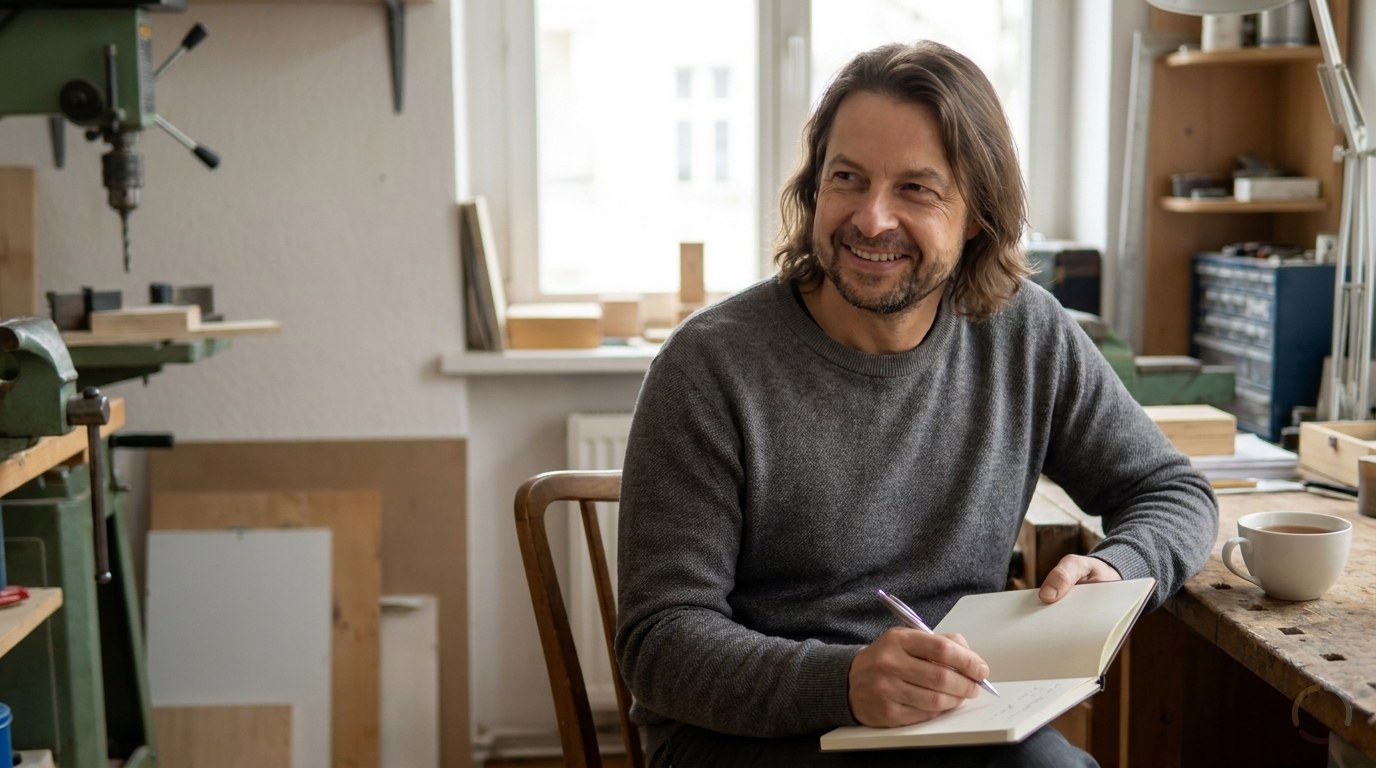KI-generiert: Maik Marx sitzt mit grauem Pullover in einer kleinen Werkstatt am Fenster, ein Notizbuch auf dem Knie, und schreibt lächelnd ein paar Zeilen