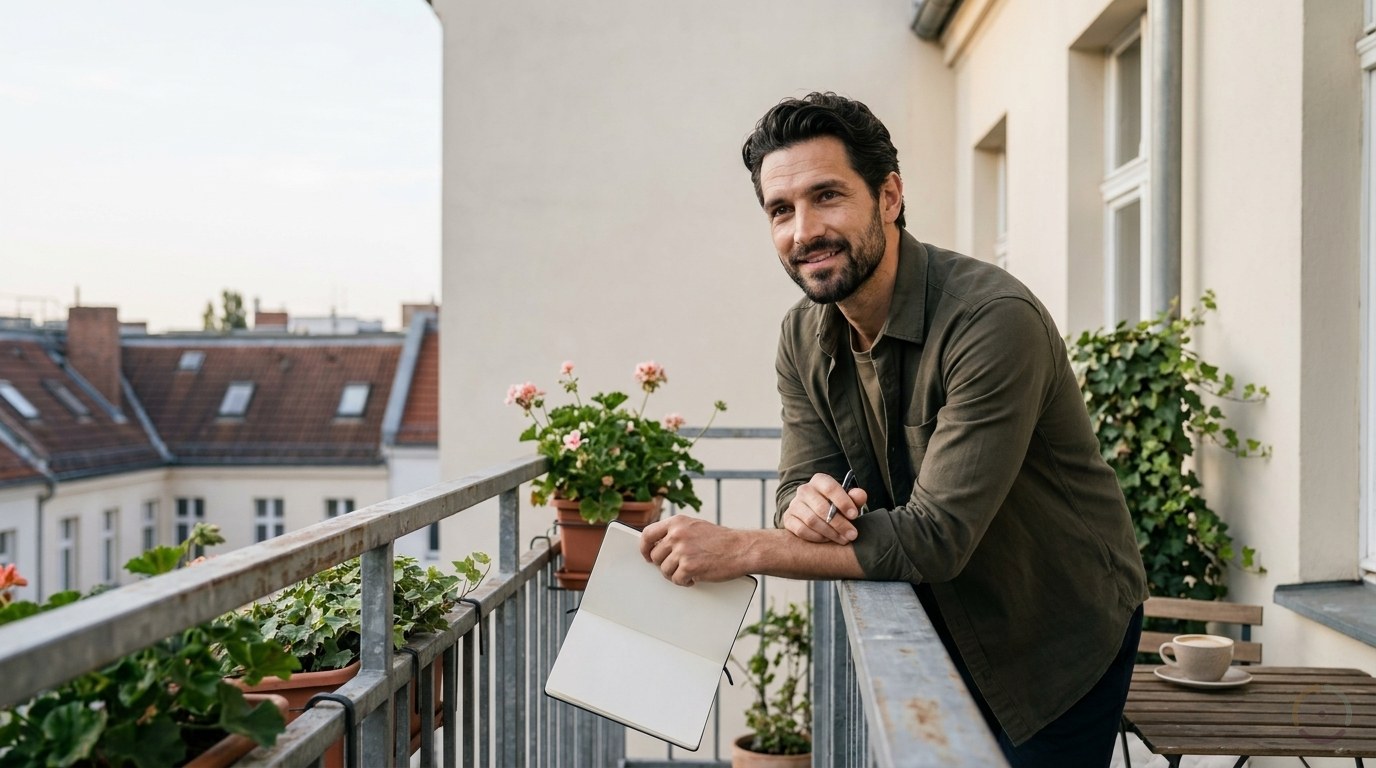 KI-generiert: Ein Mann mit dunklem Bart und olivgrünem Hemd lehnt auf einem Berliner Balkon am Geländer, ein offenes Notizbuch in der Hand, und blickt nachdenklich über die Dächer