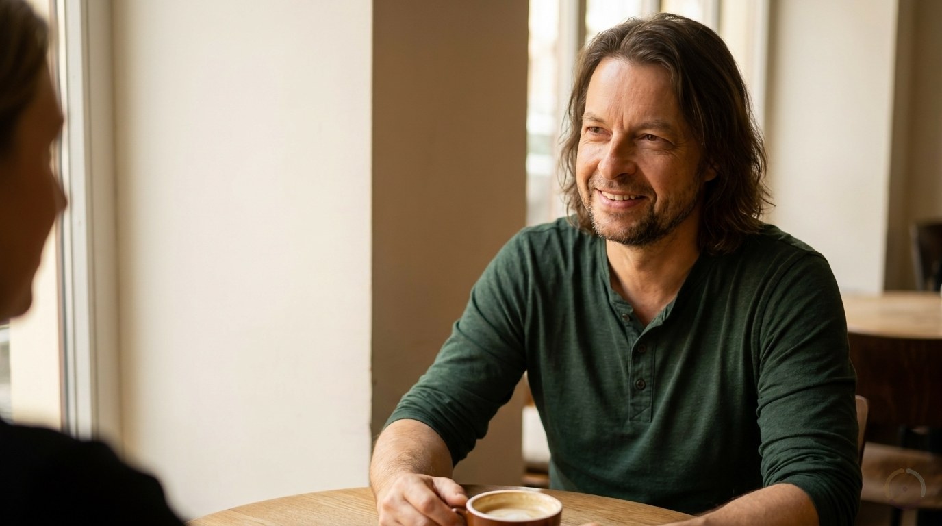 KI-generiert: Ein Mann mit längeren Haaren und dunkelgrünem Shirt sitzt an einem runden Cafétisch mit einer Tasse Kaffee und hört seinem Gegenüber lächelnd zu