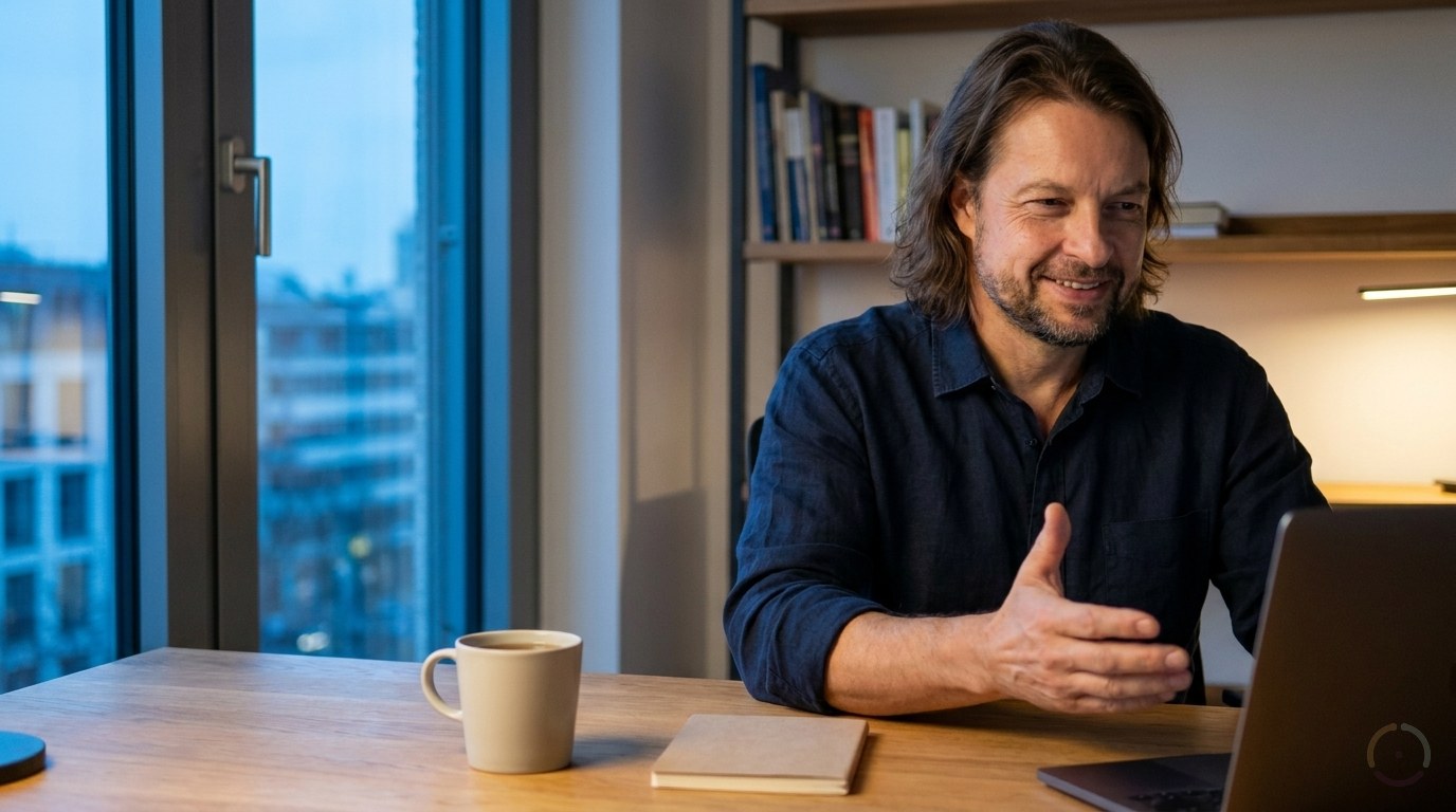 KI-generiert: Maik Marx sitzt am Schreibtisch und leitet mit offener Geste eine Online-Netzwerkrunde am Laptop, abends in einem hellen Büro