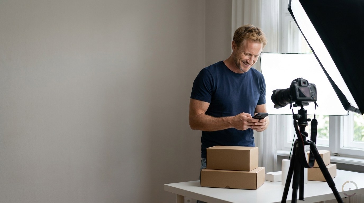 KI-generiert: Ein Mann mit kurzen blonden Haaren und blauem T-Shirt steht in einem kleinen hellen Fotostudio vor einer Kamera auf dem Stativ, auf dem Tisch stapeln sich Kartons, er schaut lächelnd auf sein Handy