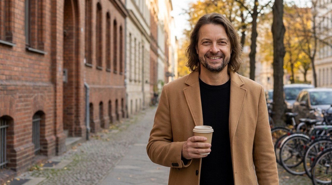 KI-generiert: Maik Marx geht in einem kamelfarbenen Mantel mit einem Kaffeebecher in der Hand lächelnd an einer Berliner Backsteinfassade entlang, Herbstlaub und Fahrräder am Straßenrand