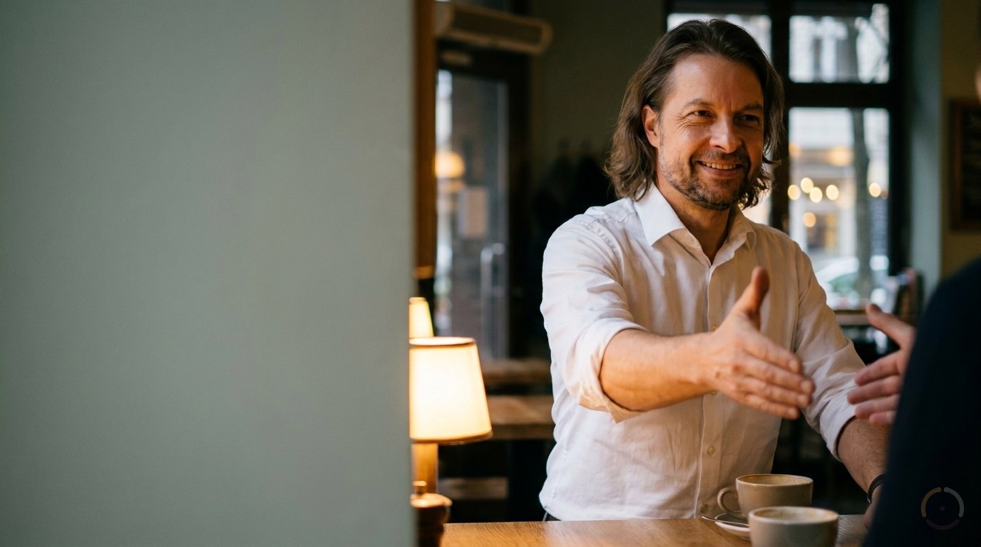 KI-generiert: Ein Mann mit längeren Haaren und weißem Hemd sitzt lächelnd an einem Cafétisch und reicht seinem Gegenüber zur Begrüßung die Hand