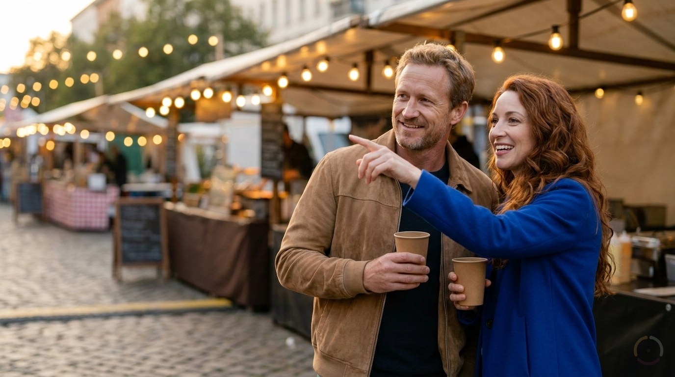 KI-generiert: Ein Mann in brauner Wildlederjacke und eine Frau mit roten Locken im blauen Mantel stehen mit Kaffeebechern auf einem abendlichen Markt mit Lichterketten, die Frau zeigt lachend auf etwas