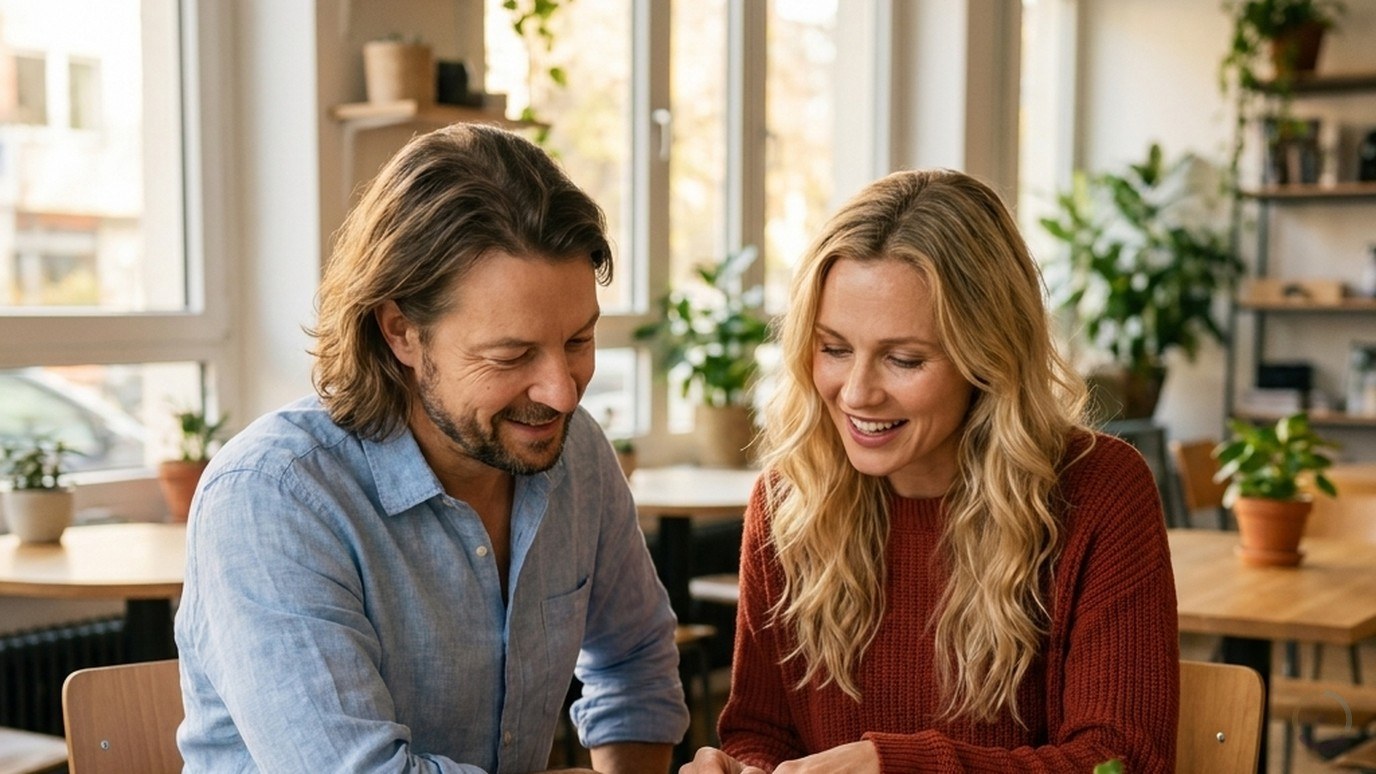 KI-generiert: An einem kleinen runden Tisch in einem hellen Berliner Co-Working-Raum sprechen eine Frau und Maik Marx lächelnd über einem aufgeschlagenen Notizbuch, daneben liegen einige Visitenkarten