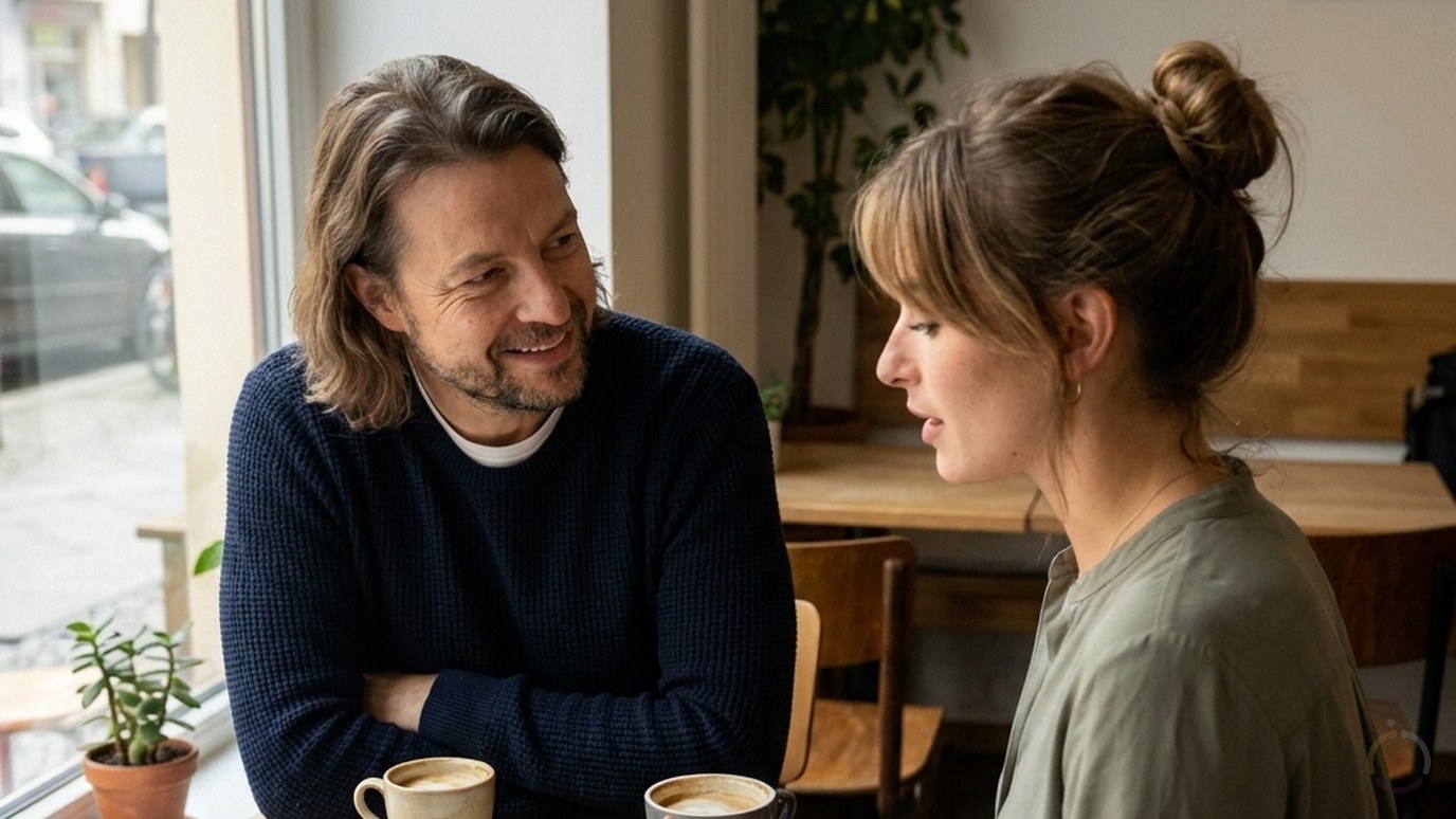 KI-generiert: Maik Marx und eine Gründerin sitzen an einem kleinen Holztisch in einem hellen Berliner Café, sie erklärt ihre Idee mit einer Handbewegung, er hört aufmerksam zu