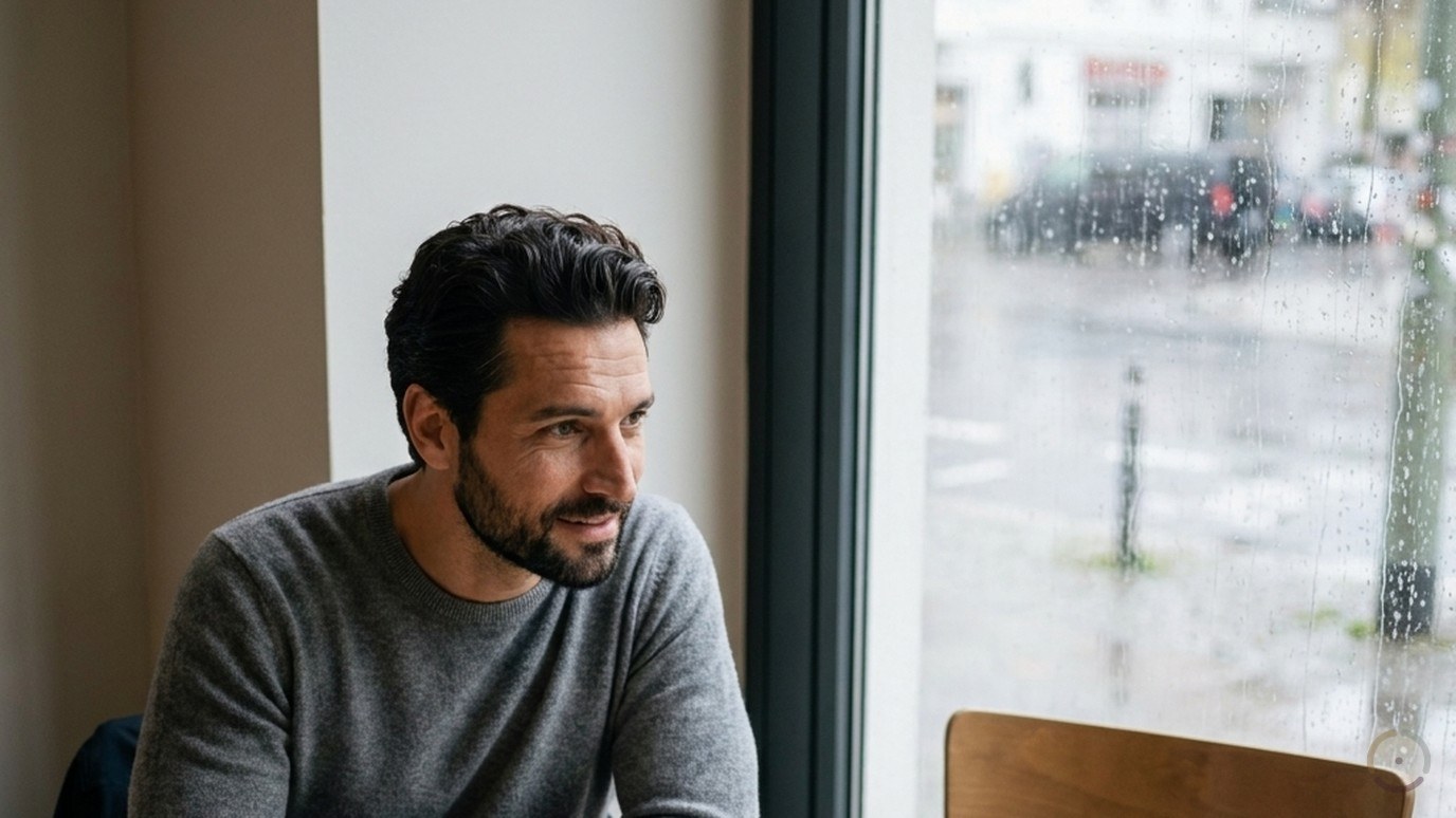 KI-generiert: Ein Mann mit grauem Pullover schreibt an einem Holztisch in ein aufgeschlagenes Notizbuch, daneben stehen zwei Teetassen, draußen am Fenster regnet es.