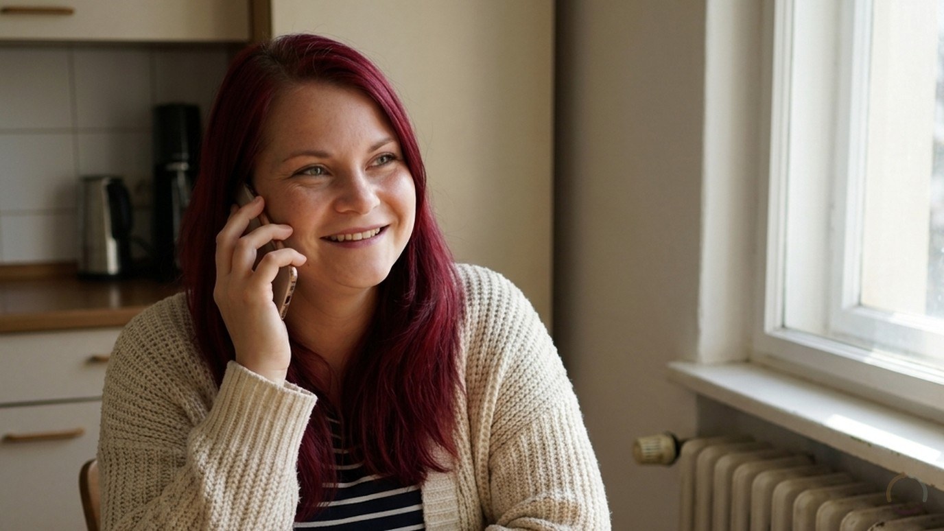 KI-generiert: Eine Frau sitzt morgens an einem Küchentisch in einer Berliner Wohnung und telefoniert entspannt lächelnd, vor ihr eine Tasse Kaffee und ein Notizbuch