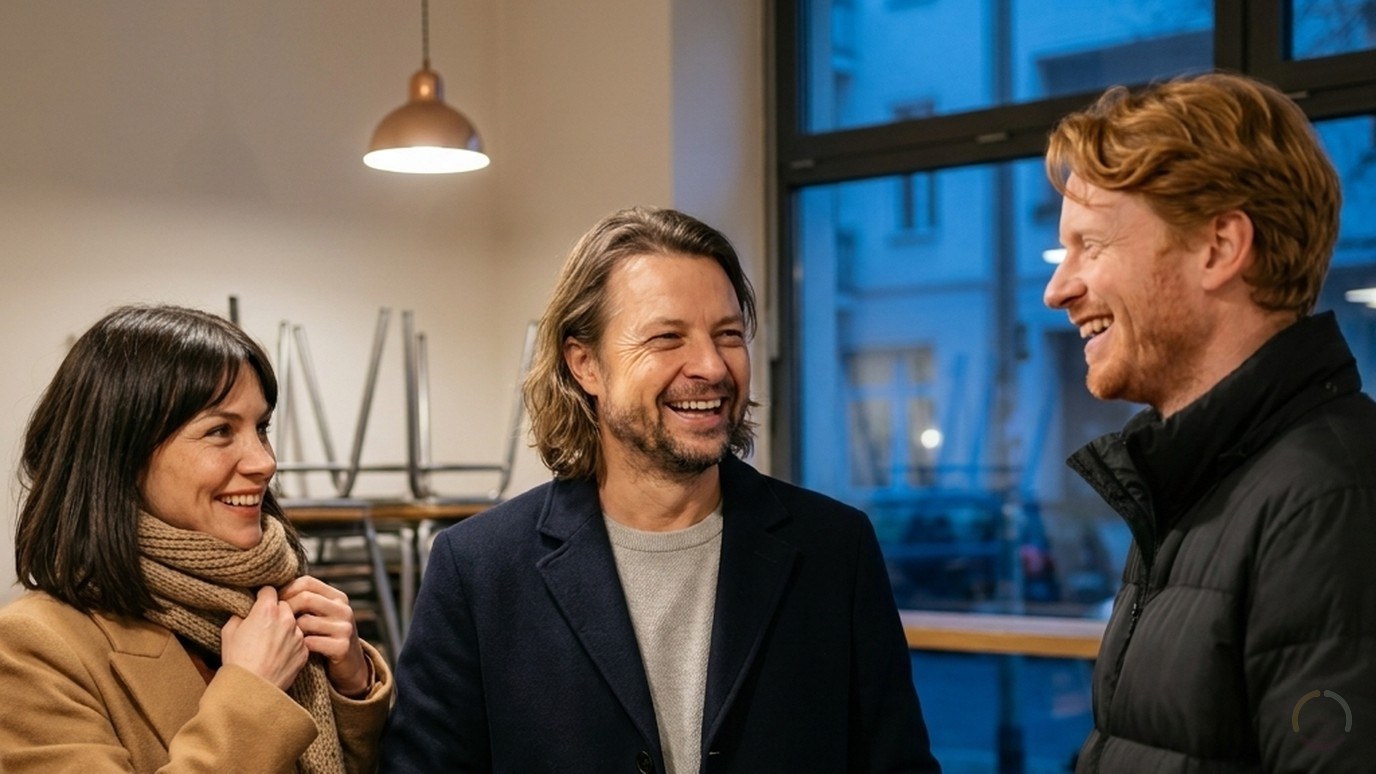 KI-generiert: Maik Marx steht am Ende eines Netzwerkabends mit drei Selbstständigen in Mänteln nahe der Theke eines Berliner Cafés, alle lachen beim Abschied, warmes Lampenlicht und blaues Abendlicht im Fenster